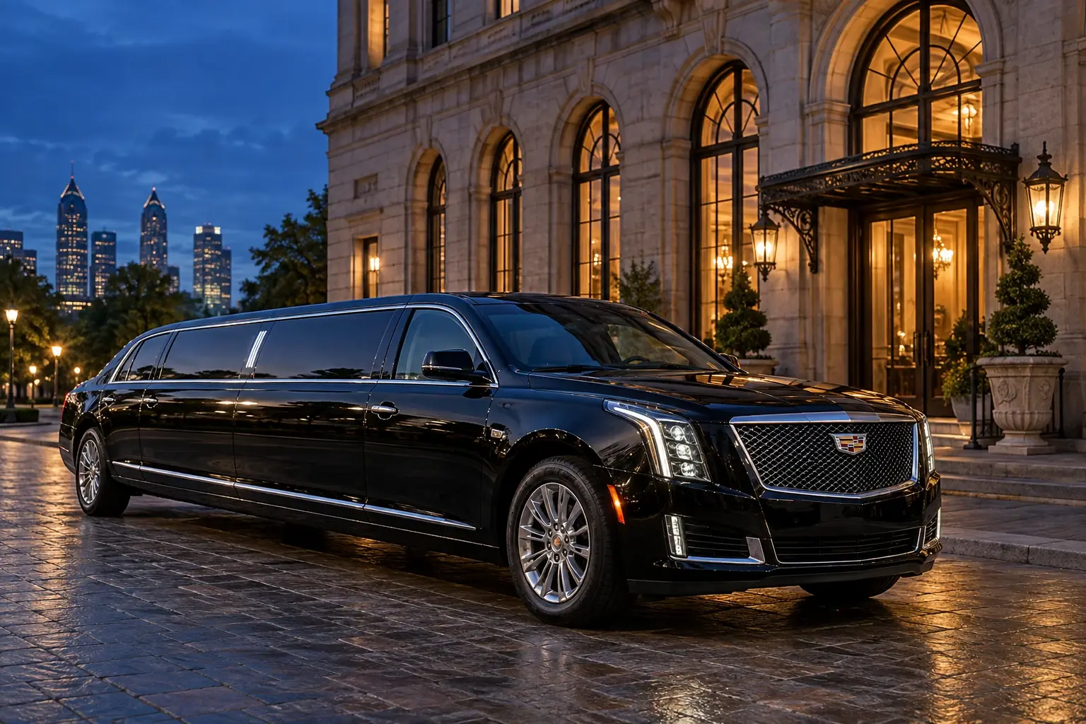 Illustrative black stretch limousine outside a Philadelphia stone event venue at dusk