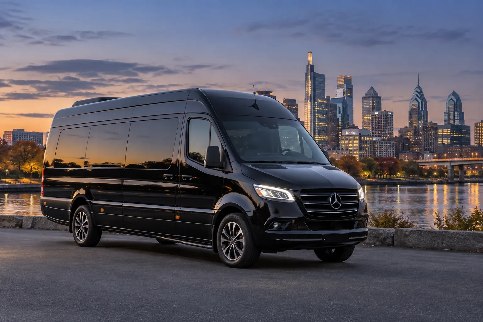 Illustrative black executive Sprinter van beside the Philadelphia skyline