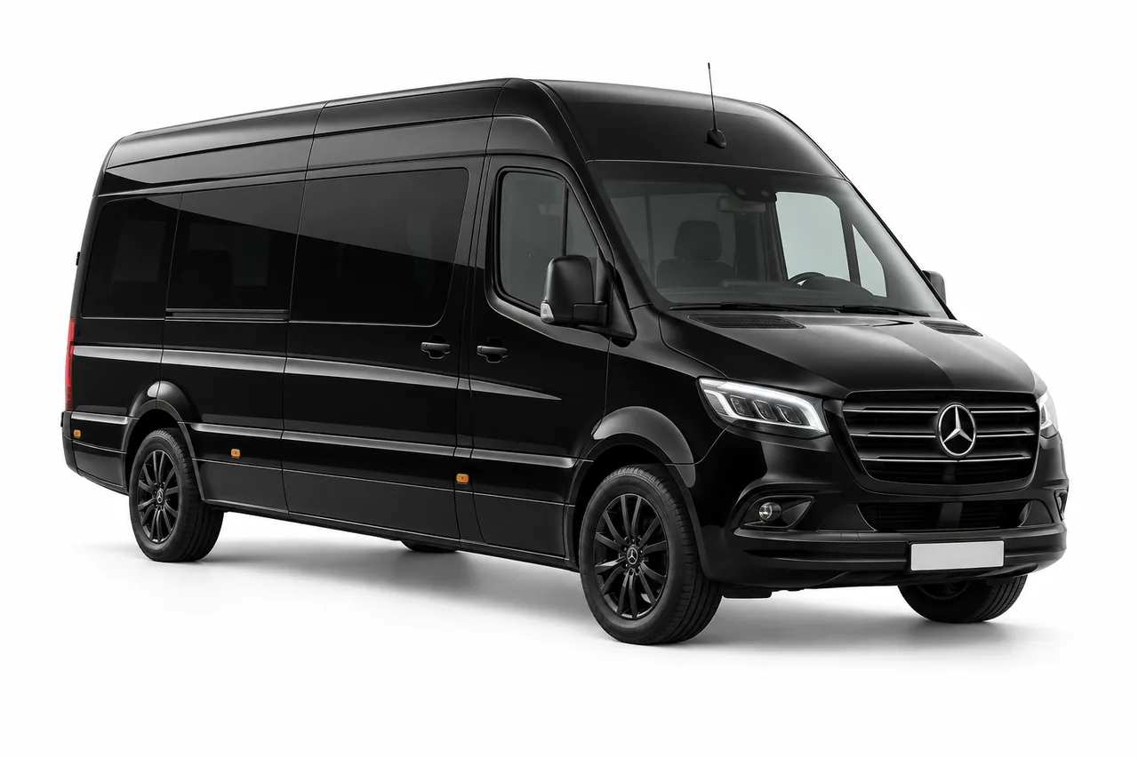 Illustrative black Mercedes-Benz Sprinter executive van on a white studio background