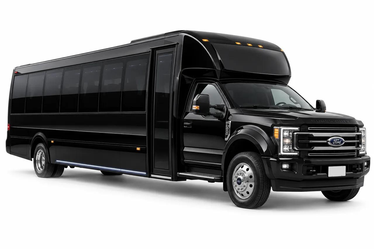 Illustrative black party bus on a Ford F-550 chassis on a white studio background