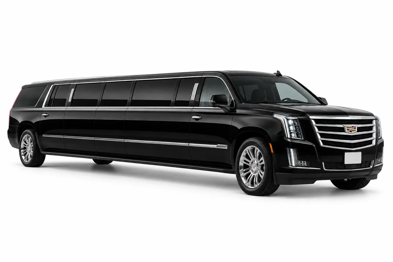 Illustrative black Cadillac Escalade stretch limousine on a white studio background